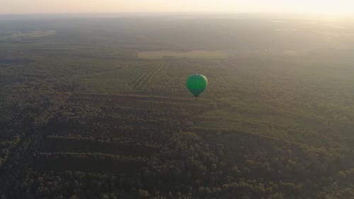 Hot Air Balloon Over Lush Green Forest at Sunrise