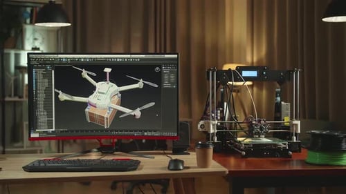 3D Printer And Personal Computer, Screen Shows Cad Software With 3D Prototype Of Drone Delivery
