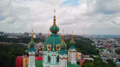 Aerial Top View of Saint Andrew's Church and Andreevska Street From Above in Kiev Ukraine.