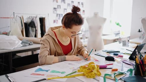 Young Female Fashion Designer Working with New Clothes Collection Working at Tailor Showroom