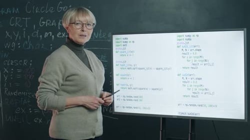 Portrait of Female IT Teacher Working in Online School Teaching Class Pointing at Electronic Board