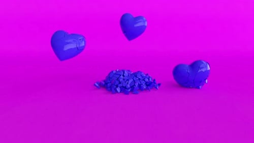 Falling Blue Hearts Shatter Into Geometric Pieces On Magenta Background
