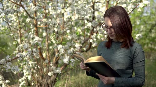 Woman Reading Book Under Blossoming Tree in Spring