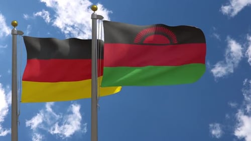 Flags of Germany and Malawi Waving in Realistic Sky