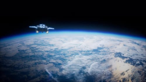 Futuristic Spaceship Flying Above Earth