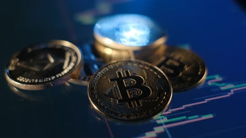 Crypto Currency Coins Over Stock Market Chart
