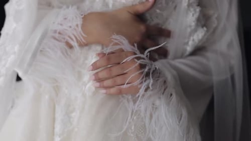 Bride Touches Her Elegant Wedding Dress