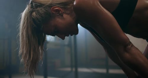 Fitness Healthy Woman Tired After Strength Training Exercise at Gym. Slow Motion: Close Up of Tired