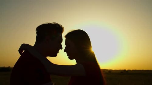 Romantic Couple Embracing at Sunset in Field