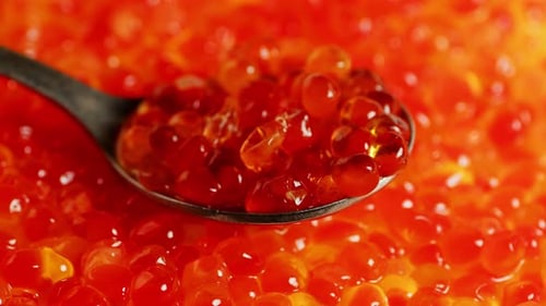 Teaspoon with Juicy Red Caviar on Background of Caviar
