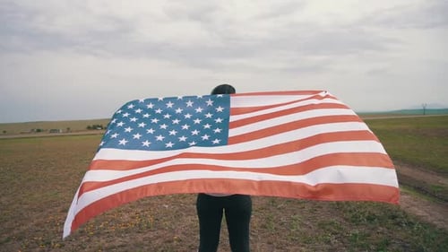 Person Holding Waving American Flag in Field