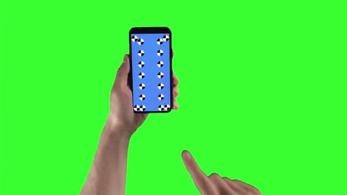 Closeup View of Male Hands with Mobile Phone and Index Finger Swiping Up and Down the Content