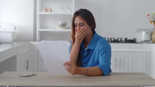 Frustration Woman Receive at Home Bad News Holds Dismissal Staff Cuts Notice
