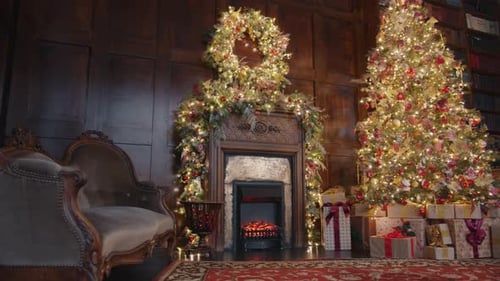 Christmas Tree and Fireplace Scene with Gifts