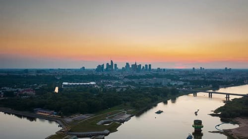 Aerial Time Lapse Hyperlapse Modern Downtown View During Sunset Golden Hour Cityscape Skyline