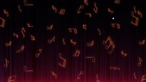 Dynamic Neon Music Notes Falling with Pulsating Sound Waves Background
