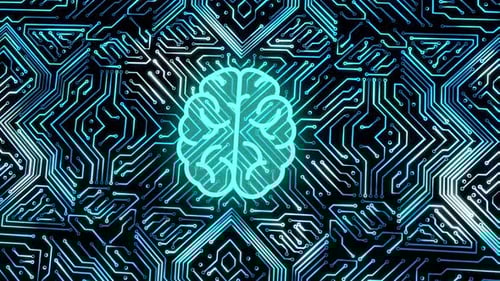 Animated AI Brain Icon on Futuristic Circuit Board Loop