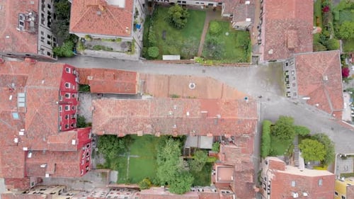 Aerial Shot. View From the Top of the Old Part of the European City. Typical Houses with a Tiled