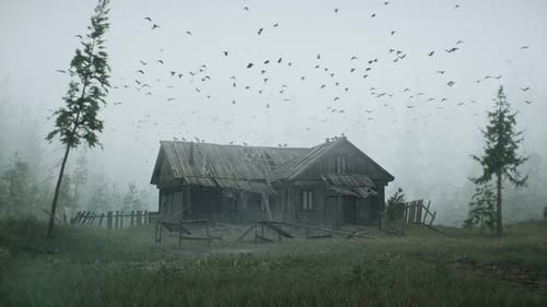 Abandoned House in Foggy Forest with Flying Birds