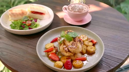 Lunch in Tropical Cafe Balanced Nondiet Food Bread Sandwich and Coffee