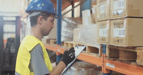 Logistikmitarbeiter mit Helm, der in einem großen Lagerhaus arbeitet und das Inventar überprüft