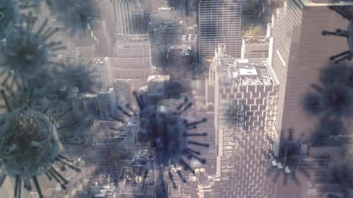 Macro corona virus spreading with cityscape in the background