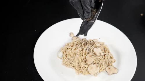 Truffle Being Grated in White Dish with Italian Pasta On. Gourmet Cuisine, Truffles, Italian Pasta