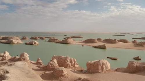 Desert Landscape with Light Blue Lake Aerial View