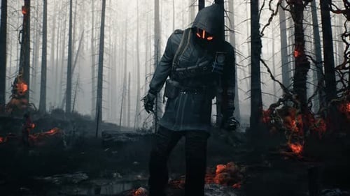 Mysterious Hooded Figure with Glowing Mask in Spooky Forest