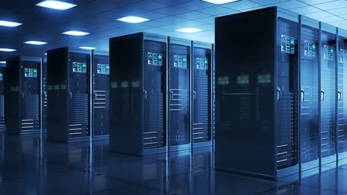 Countless modern server cabinets in a render farm. Dark, futuristic room. 4KHD