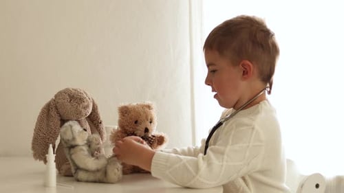 Boy Plays Doctor with Stuffed Animals at Home
