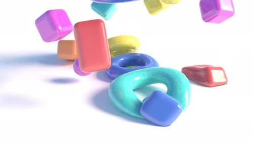 Colorful Glossy 3D Geometric Shapes Falling and Colliding