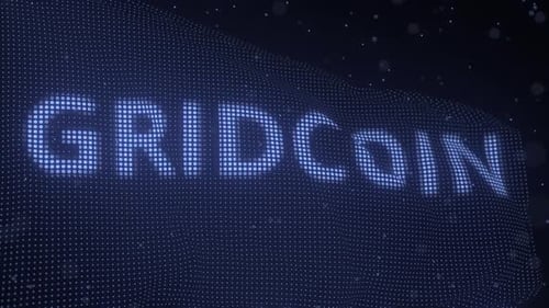 Name der Gridcoin-Kryptowährung auf wehender digitaler Flagge