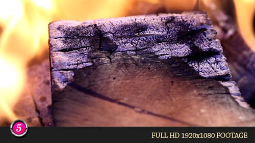 Burning Wood Close-Up with Fiery Flames