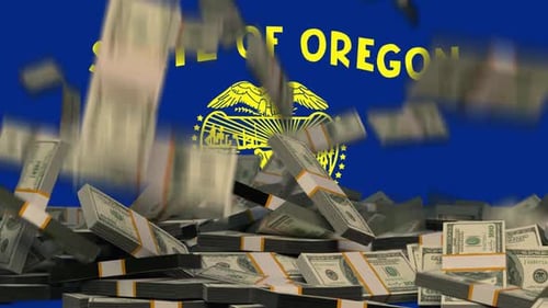 US Dollars Falling in front of Oregon State Flag