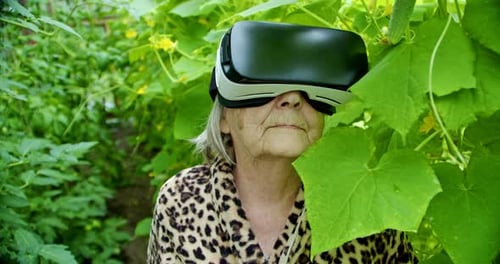 Senior Woman in VR Headset Among Greenery