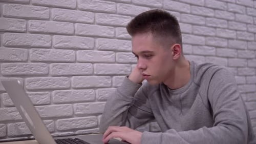 Attractive Man Use Laptop Tired Office Worker Freelancer Remote Online Work