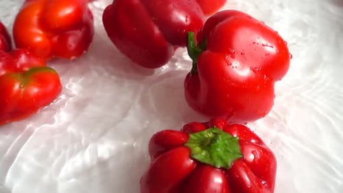 Red and Green Bell Peppers Splashing in Water