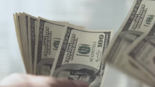 Man counts money in the hands of dollars close-up