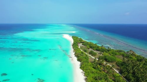Aerial top down nature of paradise tourist beach break by blue lagoon with white sand background of