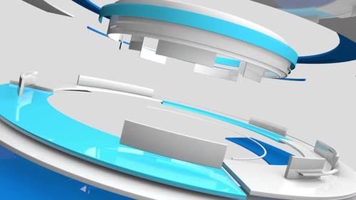 Seamless loop: 3D glossy reflective white and blue curved shapes rotating