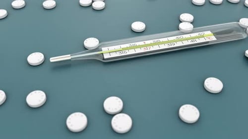 Thermometer with Very Hot Temperature and Antipyretic Pills, Flu Virus Infection 4k