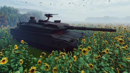Military Tank Parked in a Sunny Sunflower Field