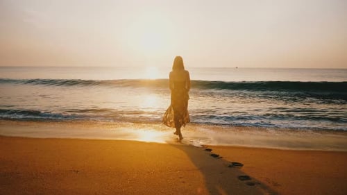 Rückansicht Hintergrundbeleuchtung einer glücklichen jungen Frau, die den epischen Sonnenuntergang am Golden Tropical Ocean Beach beobachtet