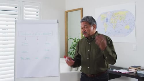 Man Explaining Sentence Structure on Whiteboard