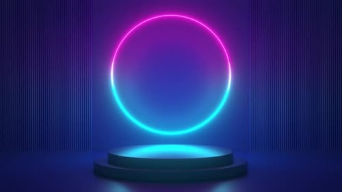 Podium with blue pink neon circle