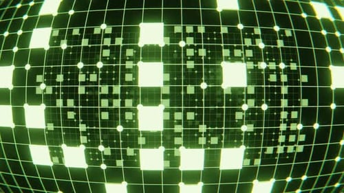 Animated Digital Grid with Pulsating Green Squares and Nodes