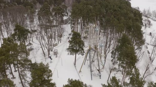 Aerial View Old View Wheel In Winter In The Forest