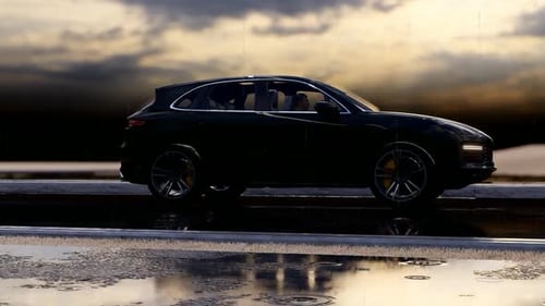 Realistic 3D SUV with Dynamic Rain and Wet Road Reflections