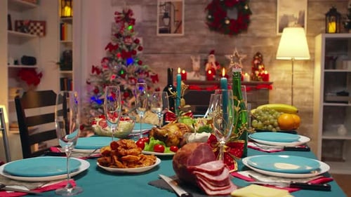 Festive Christmas Dinner Table Setting with Decorations